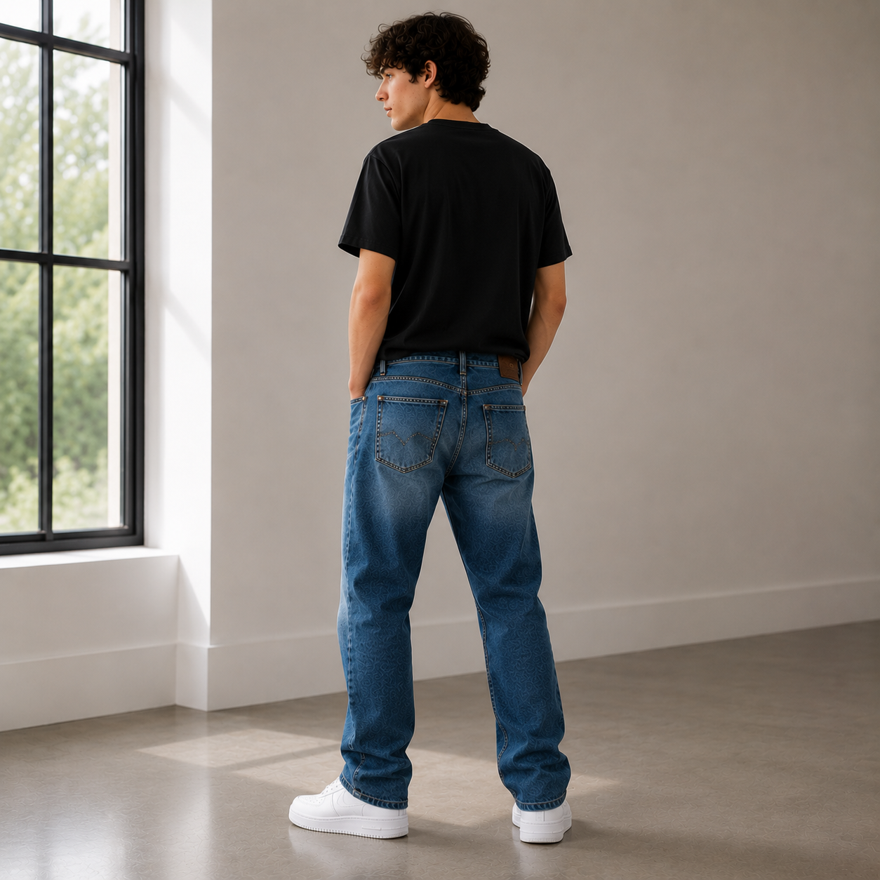 Straight Fit Gothic Pattern Unisex Jeans – Size 34 | Artistic Streetwear Denim Pants