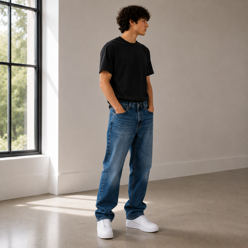 Straight Fit Gothic Pattern Unisex Jeans – Size 34 | Artistic Streetwear Denim Pants