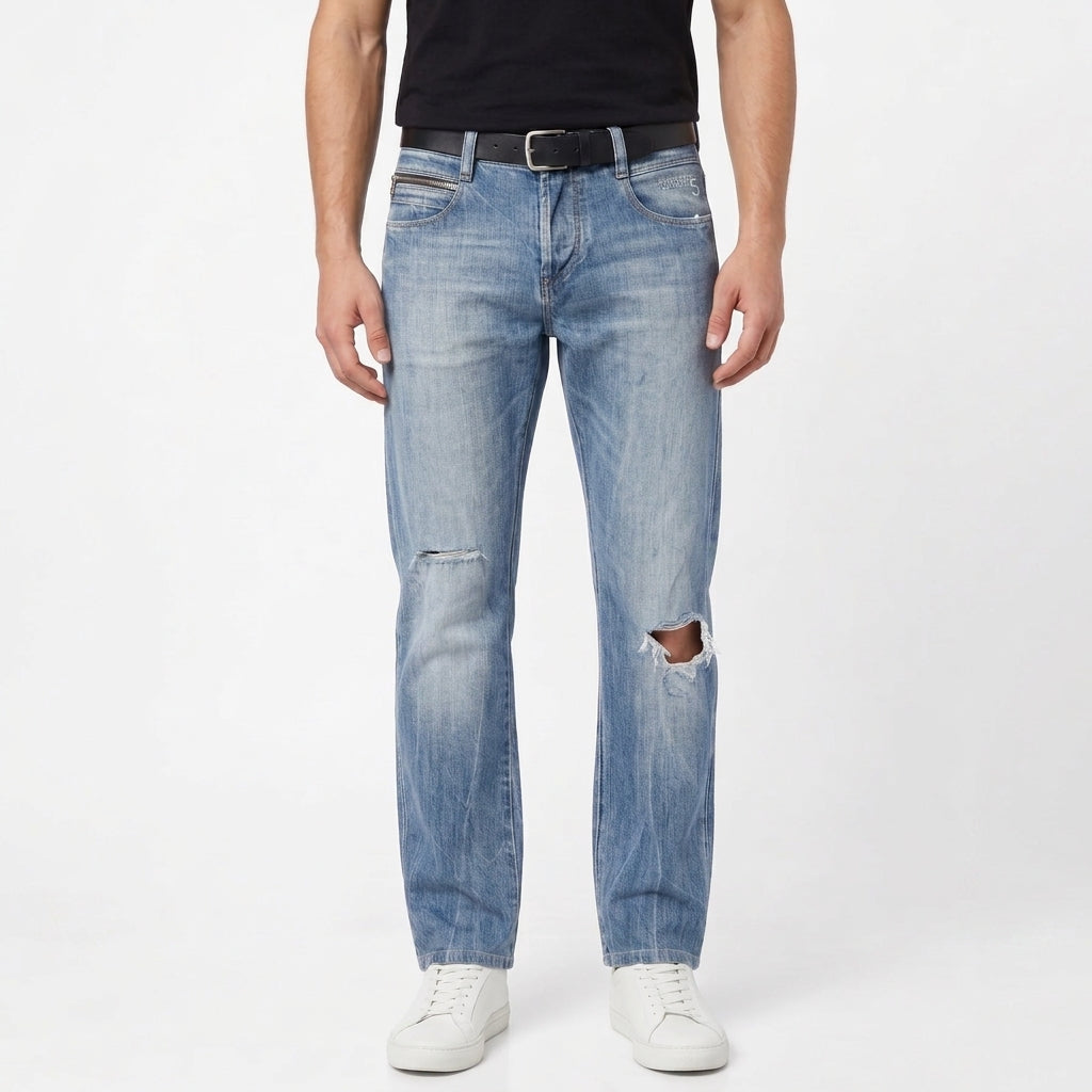 Straight Fit Torn Gothic Pattern Unisex Jeans – Size 28 | Distressed Streetwear Denim