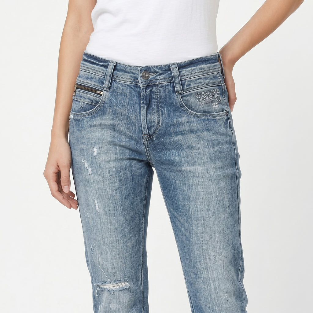 Women's Light Blue Knee Cut Distressed Denim Jeans | Slim Fit Stretch Jeans