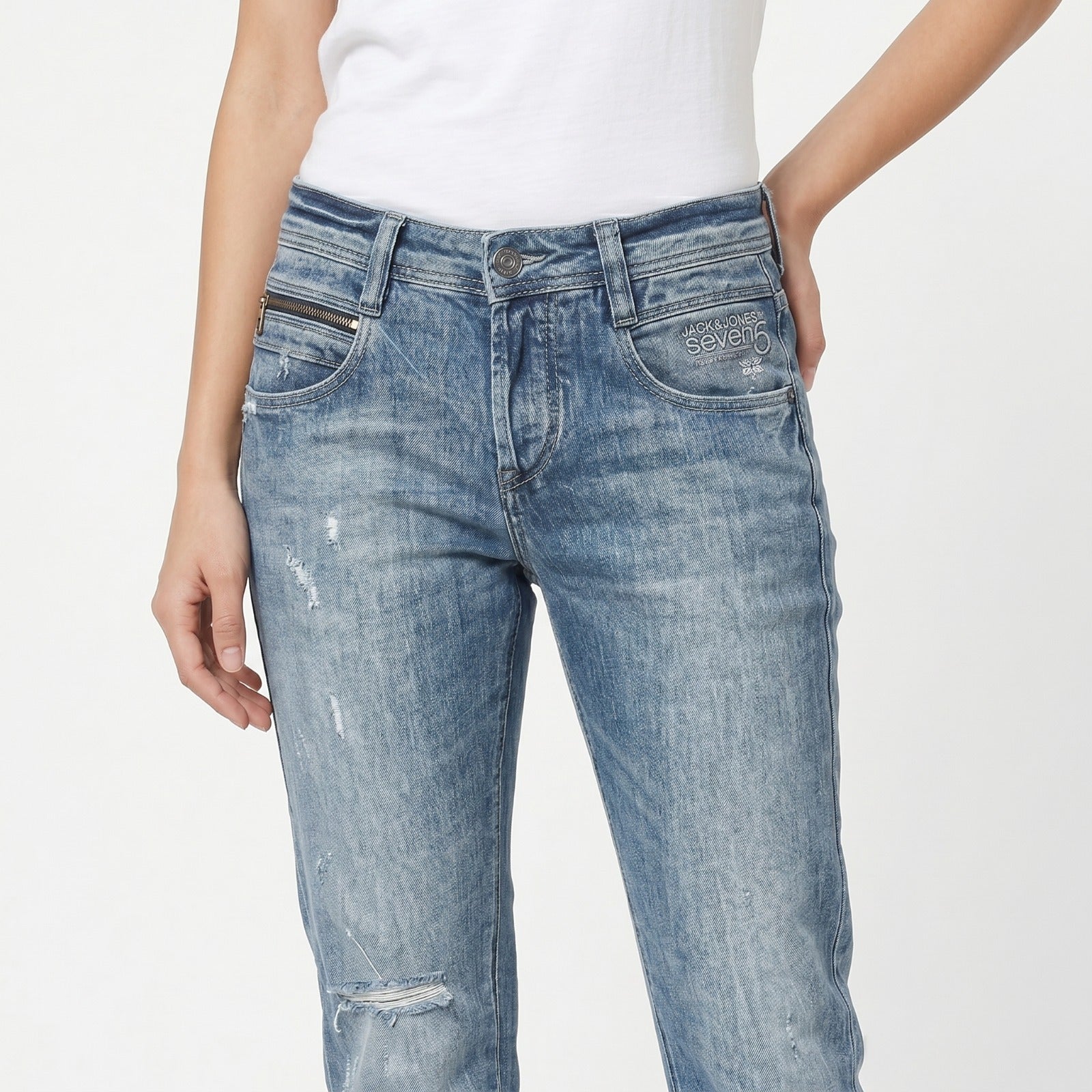 Women's Light Blue Knee Cut Distressed Denim Jeans | Slim Fit Stretch Jeans