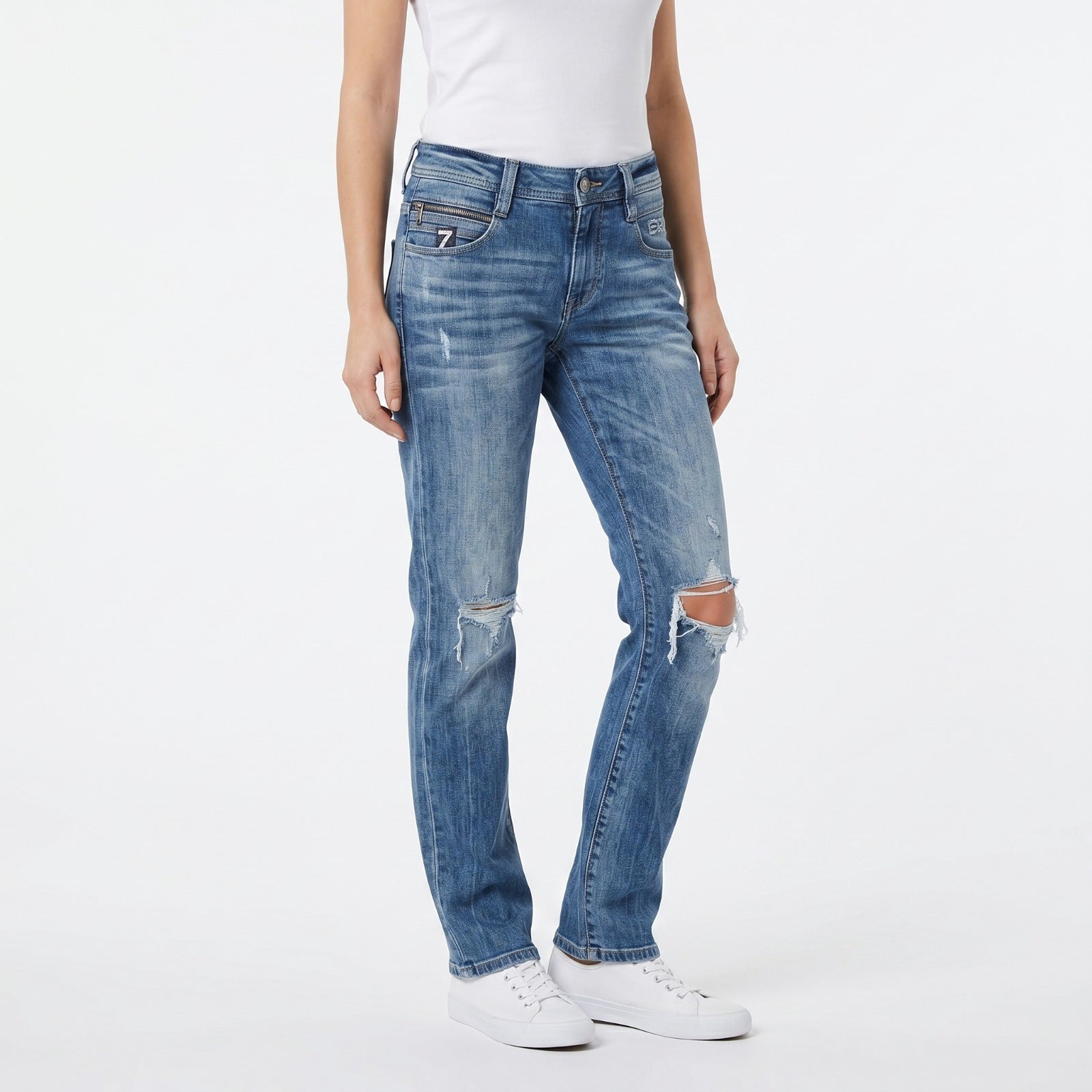 Women's Light Blue Knee Cut Distressed Denim Jeans | Slim Fit Stretch Jeans