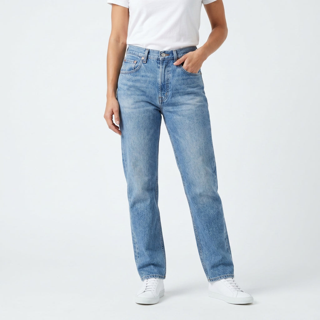 Women's Light Blue Straight Fit Distressed Denim Jeans | Size 28