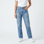 Women's Light Blue Straight Fit Distressed Denim Jeans | Size 28