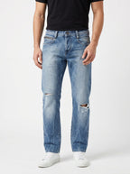 Straight Fit Torn Gothic Pattern Unisex Jeans – Size 28 | Distressed Streetwear Denim