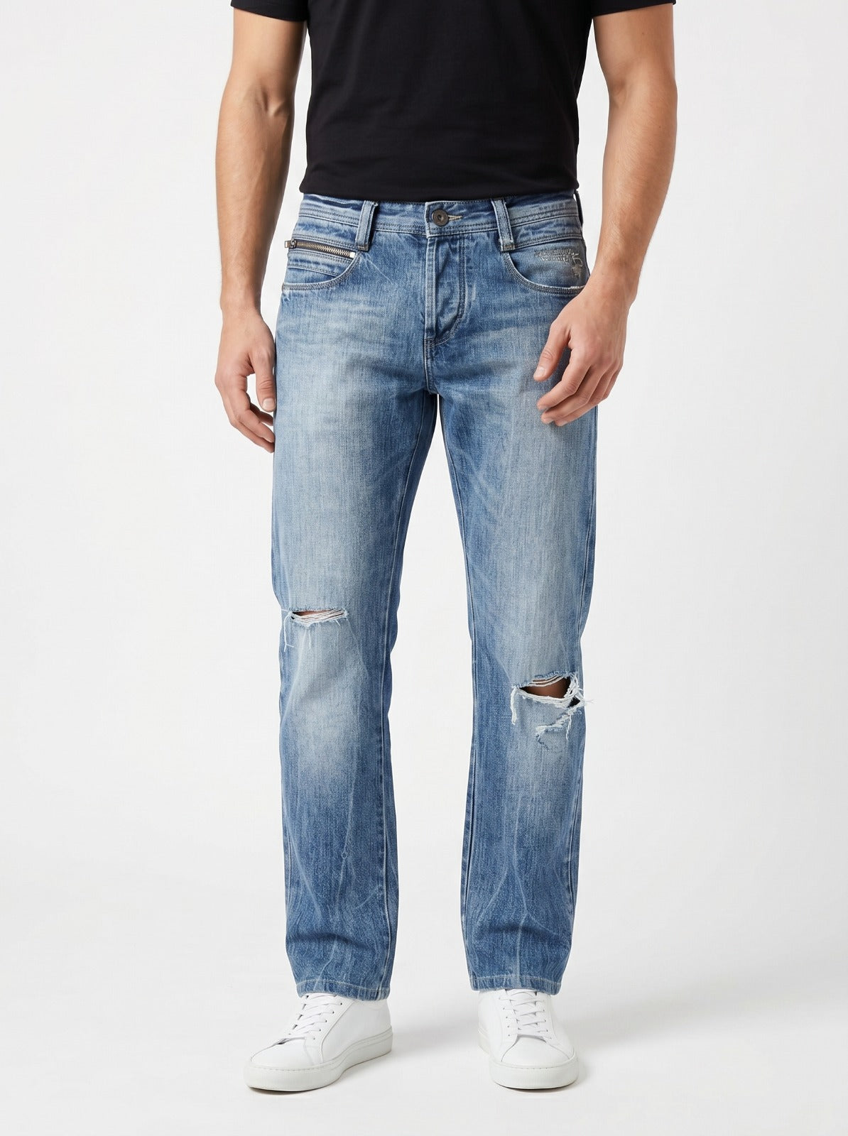 Straight Fit Torn Gothic Pattern Unisex Jeans – Size 28 | Distressed Streetwear Denim