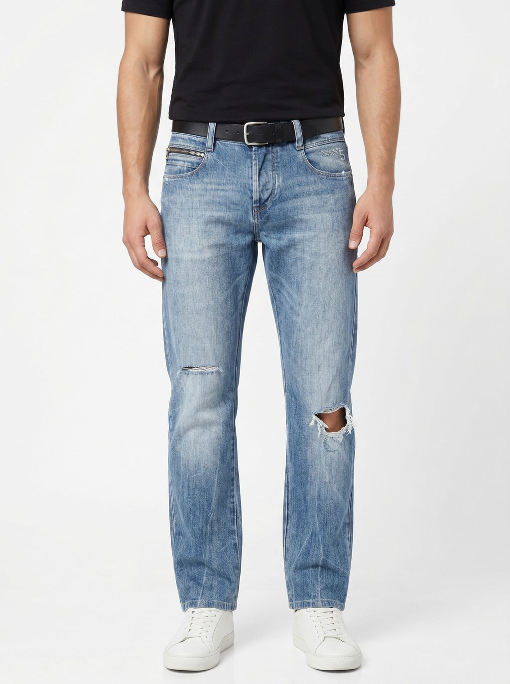 Straight Fit Torn Gothic Pattern Unisex Jeans – Size 28 | Distressed Streetwear Denim
